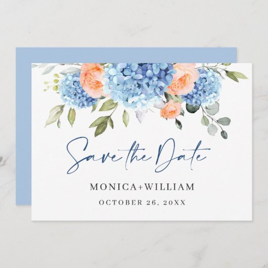 Elegant Blauw Hydrangea Blush Rozen Bloemenbruilof Save The Date (Voorkant / Achterkant)