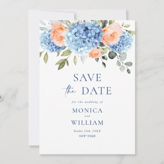 Elegant Blauw Hydrangea Blush Rozen Bloemenbruilof Save The Date (Voorkant)