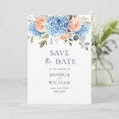 Elegant Blauw Hydrangea Blush Rozen Bloemenbruilof Save The Date (Staand voorkant)