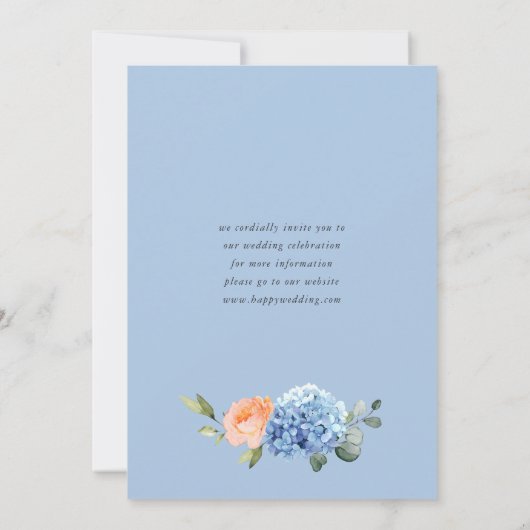 Elegant Blauw Hydrangea Blush Rozen Bloemenbruilof Save The Date (Achterkant)