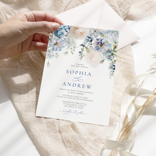 Elegant Blauw Hydrangea & Blush Rozen Bruiloft Kaart