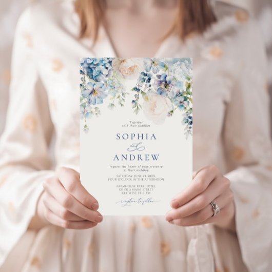 Elegant Blauw Hydrangea & Blush Rozen Bruiloft Kaart