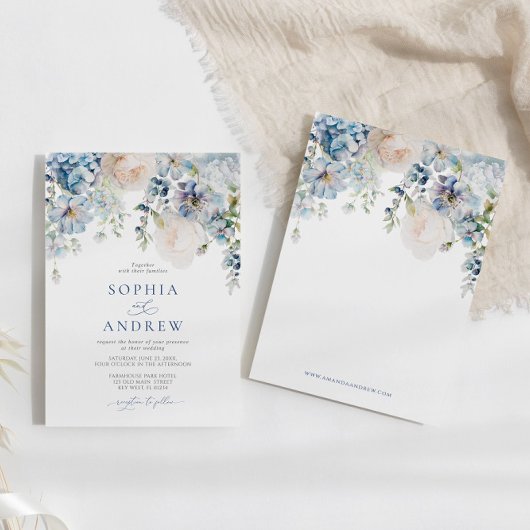 Elegant Blauw Hydrangea & Blush Rozen Bruiloft Kaart