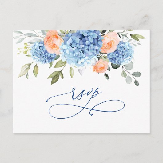 Elegant Blauw Hydrangea Blush Rozen Bruiloft RSVP Briefkaart (Voorkant)