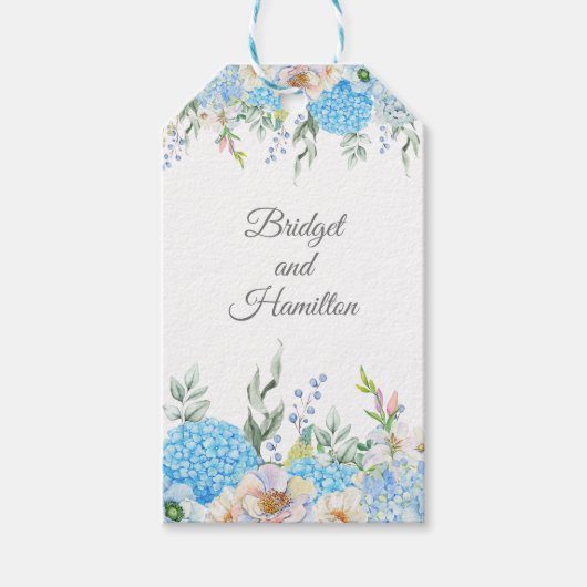 Elegant Blauw Hydrangea Bruiloft Cadeaulabel (Voorkant)