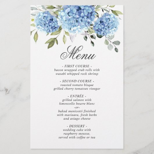Elegant Blauw Hydrangea Bruiloft Diner Menu (Voorkant)