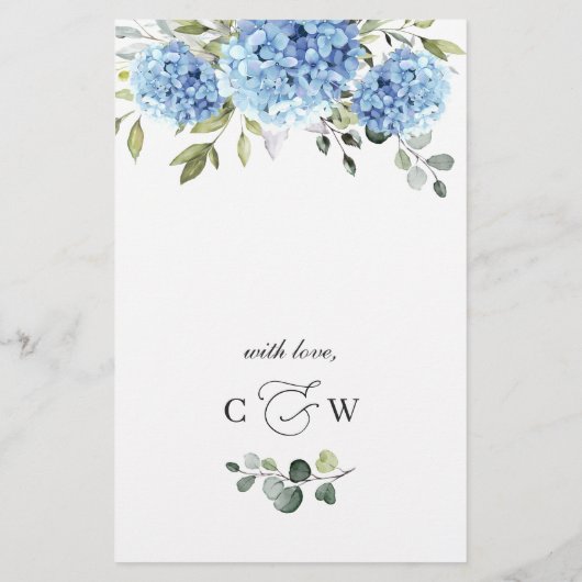 Elegant Blauw Hydrangea Bruiloft Diner Menu (Achterkant)