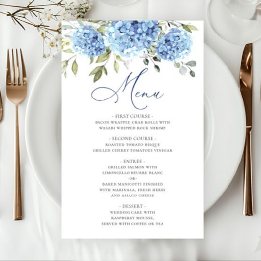 Elegant Blauw Hydrangea Bruiloft Diner Menu