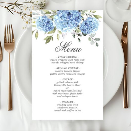 Elegant Blauw Hydrangea Bruiloft Diner Menu