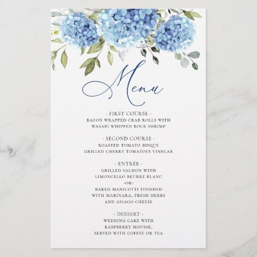 Elegant Blauw Hydrangea Bruiloft Diner Menu (Voorkant)