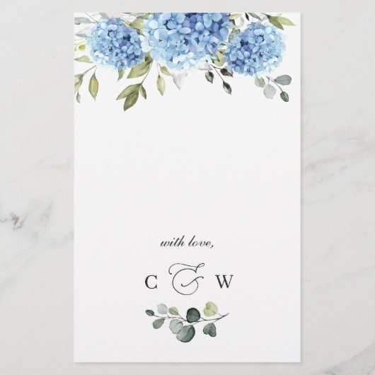 Elegant Blauw Hydrangea Bruiloft Diner Menu (Achterkant)