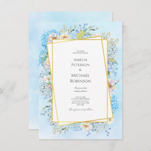 Elegant Blauw Hydrangea Bruiloft Kaart (Voorkant / Achterkant)