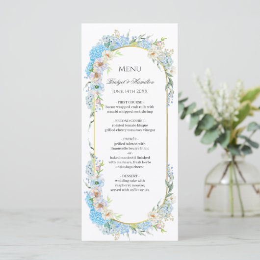 Elegant Blauw Hydrangea Bruiloft Menu (Staand voorkant)