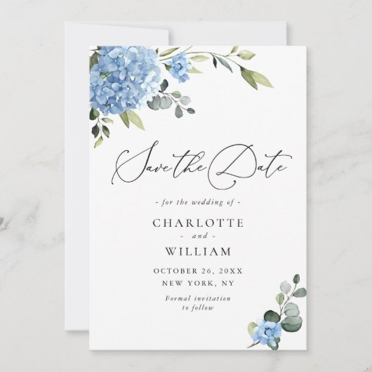 Elegant Blauw Hydrangea Bruiloft QR-code Foto Save The Date (Voorkant)