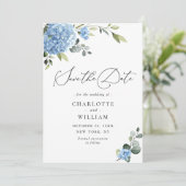 Elegant Blauw Hydrangea Bruiloft QR-code Foto Save The Date (Staand voorkant)