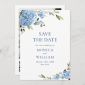 Elegant Blauw Hydrangea Bruiloft QR-code Foto Save The Date (Voorkant / Achterkant)
