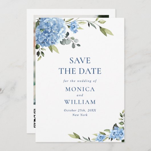 Elegant Blauw Hydrangea Bruiloft QR-code Foto Save The Date (Voorkant / Achterkant)