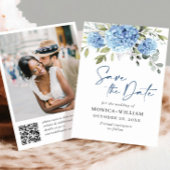 Elegant Blauw Hydrangea Bruiloft QR-code Foto Save The Date