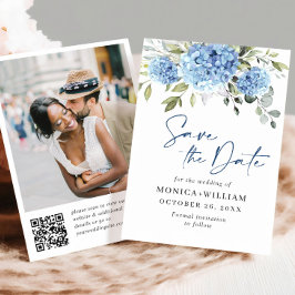 Elegant Blauw Hydrangea Bruiloft QR-code Foto Save The Date