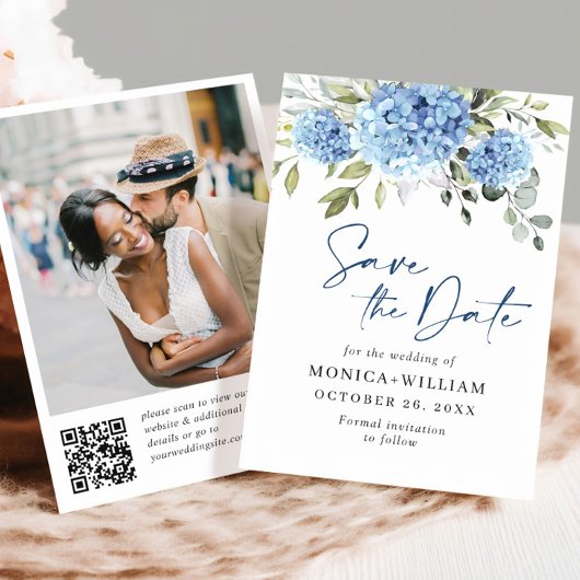 Elegant Blauw Hydrangea Bruiloft QR-code Foto Save The Date