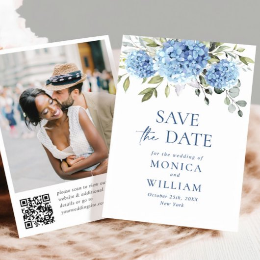 Elegant Blauw Hydrangea Bruiloft QR-code Foto Save The Date