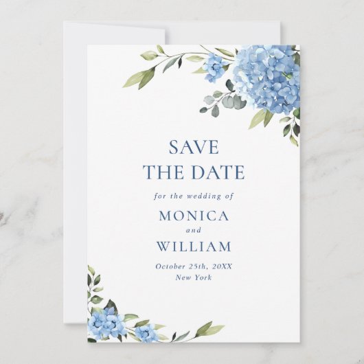 Elegant Blauw Hydrangea Bruiloft QR-code Foto Save The Date (Voorkant)