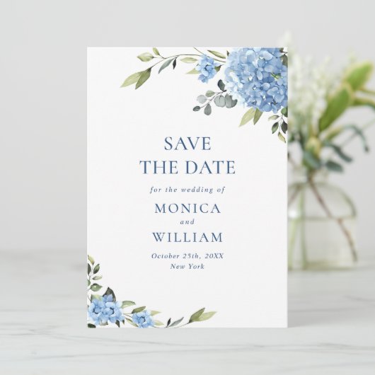 Elegant Blauw Hydrangea Bruiloft QR-code Foto Save The Date (Staand voorkant)
