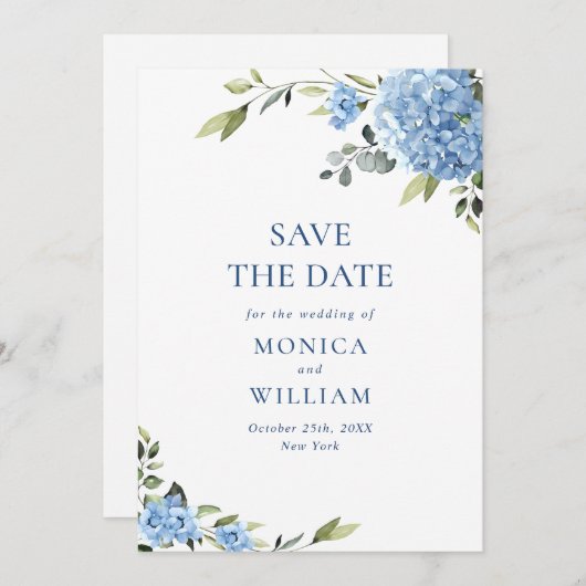 Elegant Blauw Hydrangea Bruiloft QR-code Foto Save The Date (Voorkant / Achterkant)