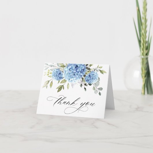 Elegant Blauw Hydrangea Eucalyptus Bloemen Eenvoud Bedankkaart (Voorkant)