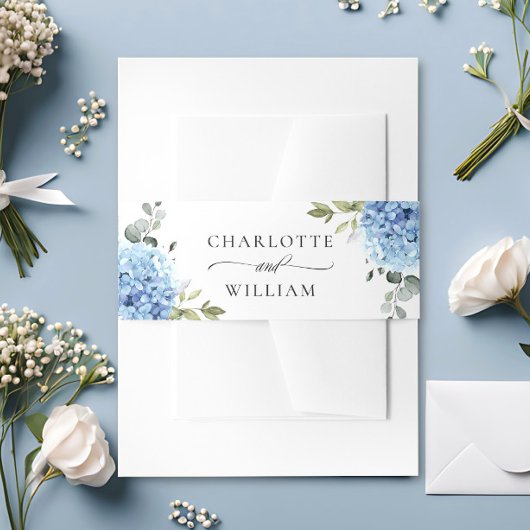 Elegant Blauw Hydrangea Eucalyptus Bloemenbruiloft Uitnodigingen Wikkel