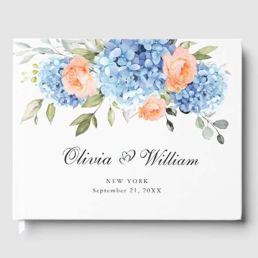 Elegant Blauw Hydrangea Eucalyptus Bruiloft Gastenboek (Voorkant)