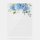 Elegant Blauw Hydrangea Eucalyptus BRUILOFT Welkom Acryl Bord (Voorkant)