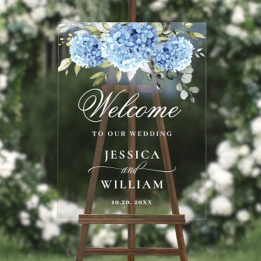 Elegant Blauw Hydrangea Eucalyptus BRUILOFT Welkom Acryl Bord