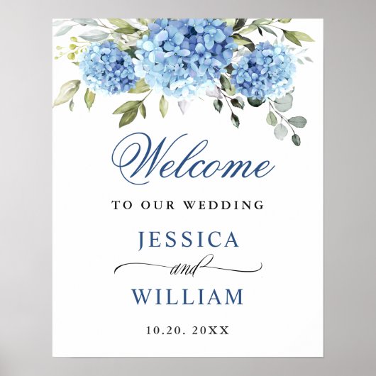 Elegant Blauw Hydrangea Eucalyptus Bruiloft Welkom Poster (Voorkant)