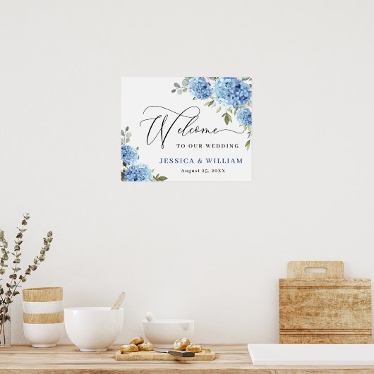 Elegant Blauw Hydrangea Eucalyptus Bruiloft Welkom Poster (Keuken)
