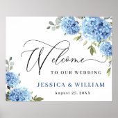 Elegant Blauw Hydrangea Eucalyptus Bruiloft Welkom Poster (Voorkant)