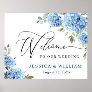 Elegant Blauw Hydrangea Eucalyptus Bruiloft Welkom Poster