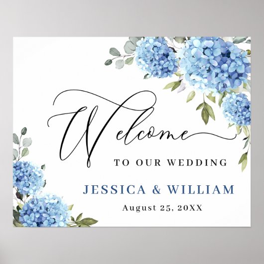 Elegant Blauw Hydrangea Eucalyptus Bruiloft Welkom Poster (Voorkant)