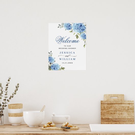 Elegant Blauw Hydrangea Eucalyptus Bruiloft Welkom Poster (Keuken)