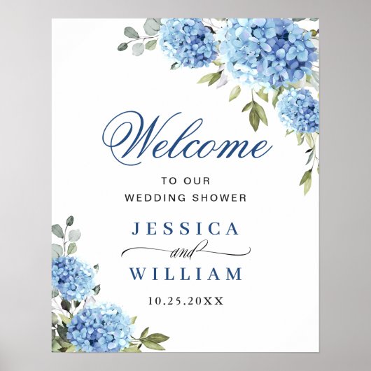 Elegant Blauw Hydrangea Eucalyptus Bruiloft Welkom Poster (Voorkant)