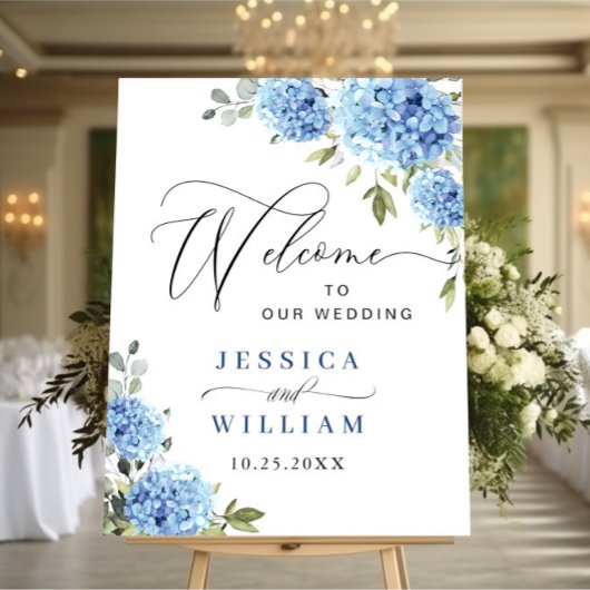Elegant Blauw Hydrangea Eucalyptus Bruiloft Welkom Poster