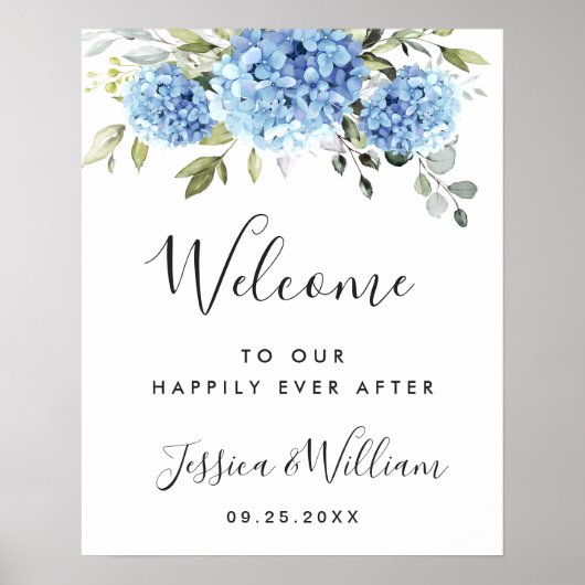 Elegant Blauw Hydrangea Eucalyptus Bruiloft Welkom Poster (Voorkant)