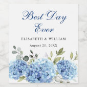 Elegant Blauw Hydrangea Eucalyptus Bruiloft Wijn Etiket (Enkel label)