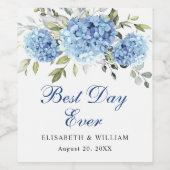 Elegant Blauw Hydrangea Eucalyptus Bruiloft Wijn Etiket (Enkel label)