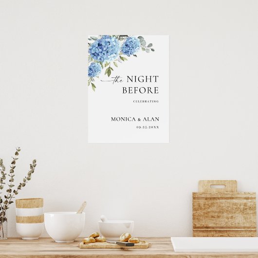 Elegant Blauw Hydrangea Eucalyptus REHEARSAL DINER Poster (Keuken)