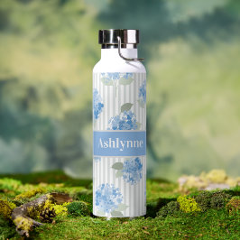 Elegant Blauw Hydrangea Patroon Grijze Streep Naam Waterfles