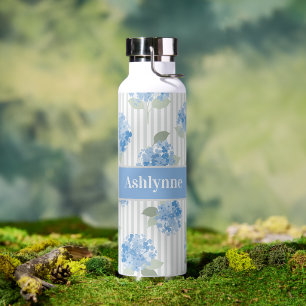 Elegant Blauw Hydrangea Patroon Grijze Streep Naam Waterfles