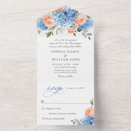 Elegant Blauw Hydrangea Roze Blush Rozen Bruiloft All In One Uitnodiging (Binnen)