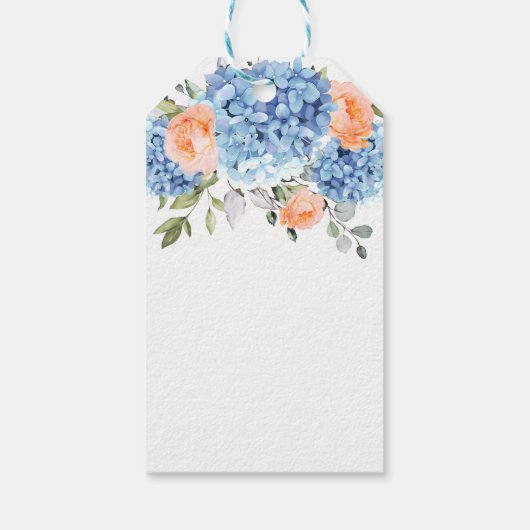 Elegant Blauw Hydrangea Roze Blush Rozen Bruiloft Cadeaulabel (Achterkant)