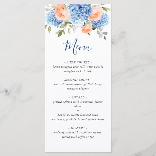Elegant Blauw Hydrangea Roze Blush Rozen Bruiloft Menu (Voorkant)